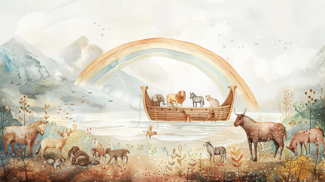 Noah's Ark in the Great Flood. Watercolor Painting. Biblical Illustration
