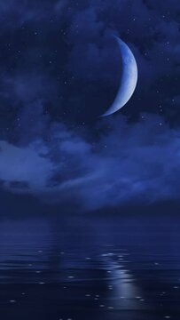 Vertical video of dreamlike dark starry night sky above calm ocean and fantastic large half moon reflected at mirror water surface. Serene fantasy seascape 3D animation rendered in 4K