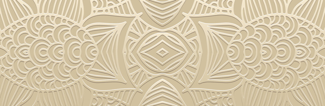 Banner. Embossed geometric luxury vintage 3D pattern on a light background. Tribal ornamental cover design. Ethnicity of the East, Asia, India, Mexico, Aztec, Peru. Boho style and handmade.
