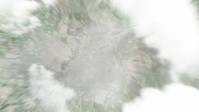 Earth zoom in from space to Las Condes, Chile. Followed by zoom out through clouds and atmosphere into space. Satellite view. Travel intro. Images from NASA