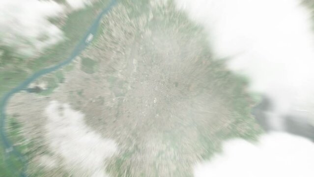 Earth zoom in from space to Luque, Paraguay. Followed by zoom out through clouds and atmosphere into space. Satellite view. Travel intro. Images from NASA