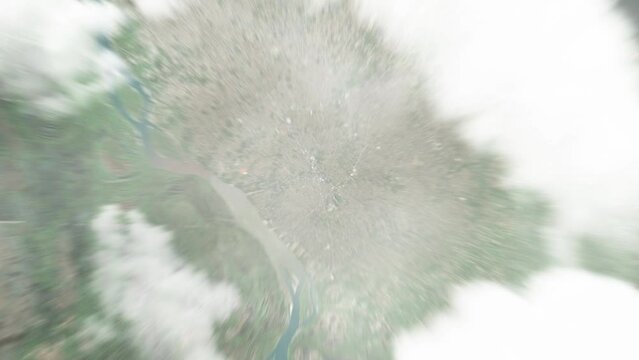 Earth zoom in from space to Nemby, Paraguay. Followed by zoom out through clouds and atmosphere into space. Satellite view. Travel intro. Images from NASA