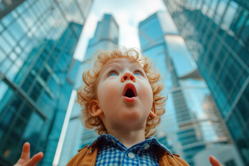 A small red-haired curly boy, with his mouth open, looks at the skyscrapers with delight, close-up, low angle shot, a child in a huge metropolis