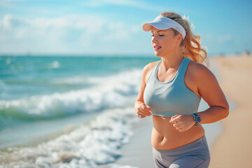 Young overweight Caucasian woman runs along the sea along the shore at sunset, rear view. Weight loss concept