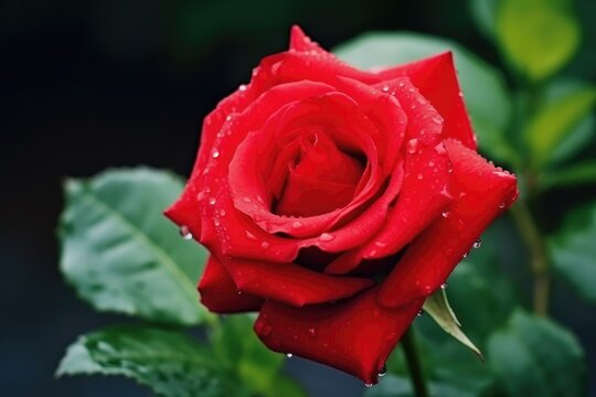 Close-up of a red rose with dewdrops against a dark background, depicting freshness and natural beauty. Red Rose with Dew Drops in Close-Up