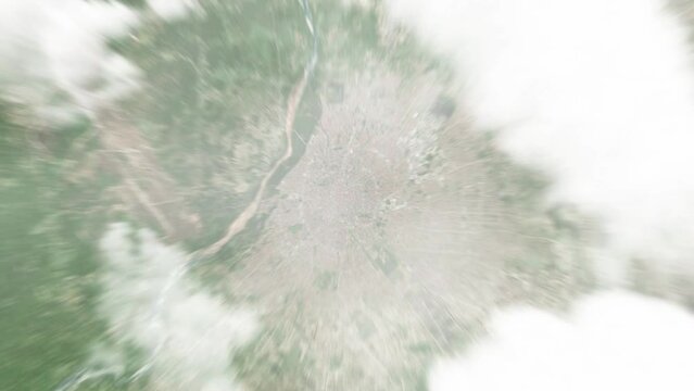 Earth zoom in from space to Santa Cruz, Bolivia. Followed by zoom out through clouds and atmosphere into space. Satellite view. Travel intro. Images from NASA