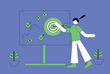 Vector illustration of a woman presenting a business strategy to achieve business goals or targets