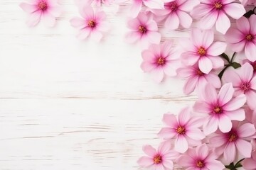 Naklejka na ściany i meble Delicate pink cosmos flowers spread over a rustic white wooden surface with copy space. Pink Cosmos Flowers on White Wooden Background