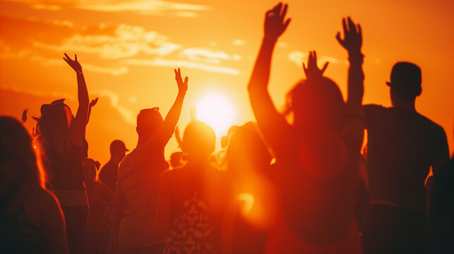 A group of friends silhouetted against the setting sun as they enjoy live music at a summer music festival