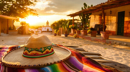 Traditional Mexican Sombrero on Colorful Serape in Quaint Village Setting - Authentic Mexican Culture, Vibrant Textiles, and Rustic Charm - obrazy, fototapety, plakaty