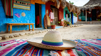 Traditional Mexican Sombrero on Colorful Serape in Quaint Village Setting - Authentic Mexican Culture, Vibrant Textiles, and Rustic Charm - obrazy, fototapety, plakaty