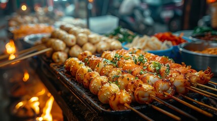 Various ingredients roasting on a grill, cooking meat under gas - obrazy, fototapety, plakaty