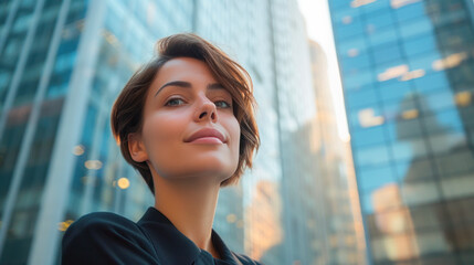 Business young woman, executive in a modern suit, looking at the camera against the background of skyscrapers, modern urban city. Low angle shot, copy space