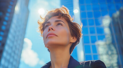 A business young woman, an executive in a modern suit, looks into the distance, planning new projects, against the backdrop of skyscrapers. Low angle shot, copy space