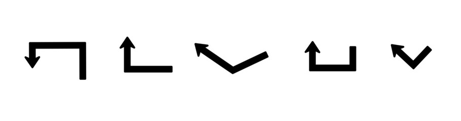 Set of black arrows icons. Curves pointer, turn to the side. Direction right left down up.Geometric abstract arrows of different shapes. Movement orientation. Vector illustration.	