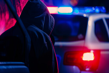 Rear view of hooded offender behind police car with flashing red and blue lights. Night outdoor scene - obrazy, fototapety, plakaty