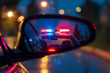 Closeup of a police car with red and blue lights on reflecting in a rearview mirror of the car. Night city patrol of police officers stopping the driver for speeding and violating the traffic laws