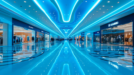 Abstract blur of department store or shopping mall: blurred image for background use with copy space in blue light