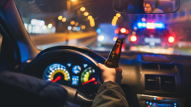 Close up of man hand holding bottle of beer while driving a car. Police car with emergency lights ahead
