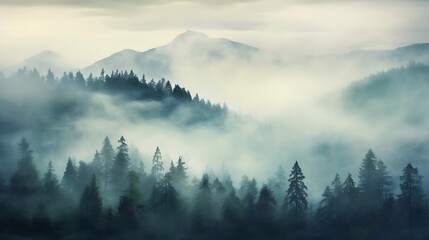 An ethereal scene of foggy trees forms a blurred background.





