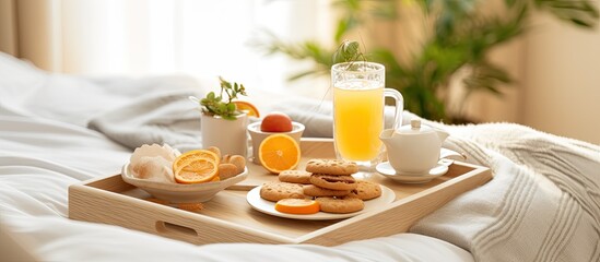 There is a tray with a cup of tea, cookies, orange slices, and a glass of juice set up for a meal