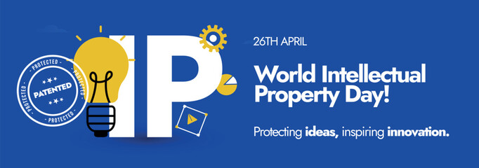 World Intellectual Property day.26 April World IP day celebration cover banner with light bulb in yellow colour with IP written on purple colour background.Protecting ideas for better business. - obrazy, fototapety, plakaty