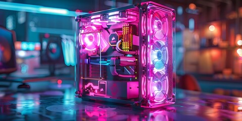 Transparent computer case with glass tower colorful cooling system realistic motherboard CPU and hard drive. Concept Transparent Computer Case, Glass Tower, Colorful Cooling System