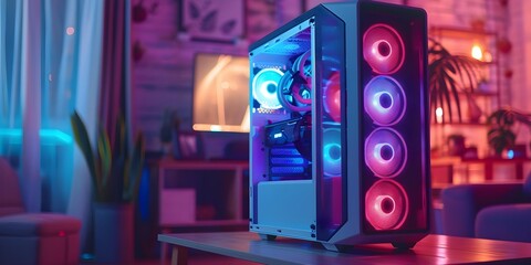 Colorful gaming PC case with RGB LED lights and cooling fans on a table in a room with purple and blue neon lights. Concept Gaming Setup, RGB Lighting, Colorful Aesthetic, Neon Decor, PC Accessories