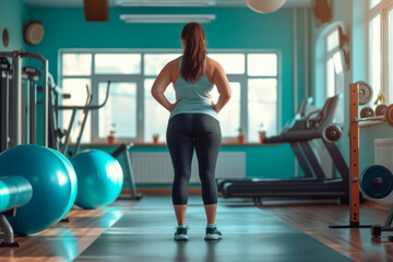Fitness concept. Healthy lifestyle. Young slim woman stands in the gym, with her back to the camera - obrazy, fototapety, plakaty