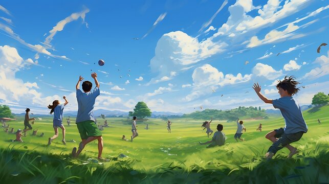 An expansive field where a group of friends gathers under the vast open sky, their laughter filling the air as they share stories and create memories against the backdrop of rolling hills 