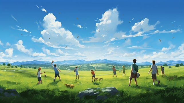 An expansive field where a group of friends gathers under the vast open sky, their laughter filling the air as they share stories and create memories against the backdrop of rolling hills 
