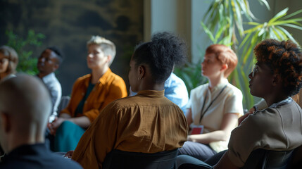 A fly-on-the-wall view of an inclusive conference panel, with speakers of different genders, including trans and non-binary individuals, engaging with the audience, the natural day