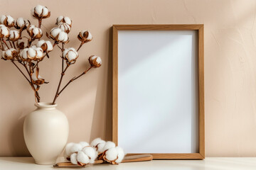 Portrait frame mockup with copy space for artwork, photo, painting, print presentation and cotton branch in a white vase near white wall .