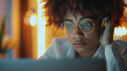 An over-the-shoulder view of a non-binary professional analyzing data on a laptop, the screen's glow softly illuminating their thoughtful expression, emphasizing analytical skills