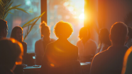 A conference room scene post-presentation, with a non-binary speaker answering questions from an engaged audience, the afternoon sunlight casting a spotlight on open dialogue and l - obrazy, fototapety, plakaty
