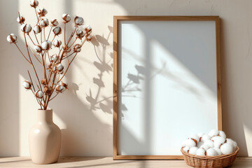 Wooden photo frame template and cotton branch in a beige vase and wicker straw bowl near a beige wall in eco style with shadows from the window, copy space