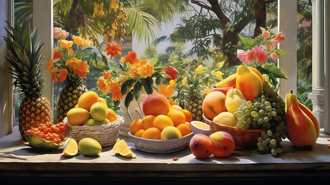 An exquisitely detailed image showcasing a variety of fruits, each one meticulously rendered with vibrant colors and intricate textures, inviting viewers to savor the abundance and freshness of nature
