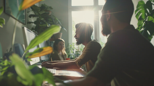 A dynamic image of a diverse team collaborating on a creative project, with a trans designer sharing their screen with colleagues, the natural light from the nearby window highligh