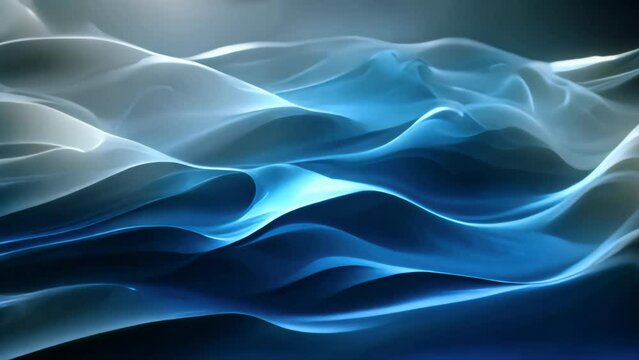 Abstract smooth blue satin waves on dark background. Elegant fabric texture.