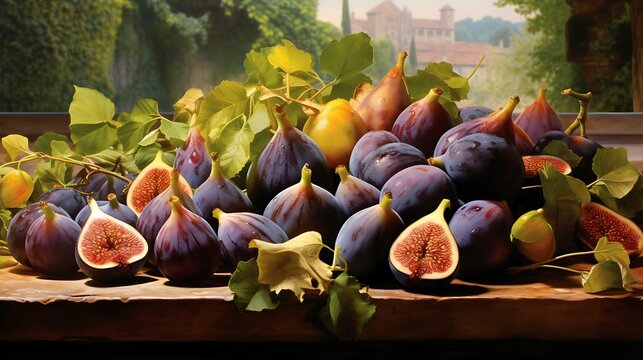 An exquisitely detailed image showcasing ripe figs, their rich purple hues contrasting beautifully with the vibrant green leaves, evoking the essence of indulgence and natural abundance.


