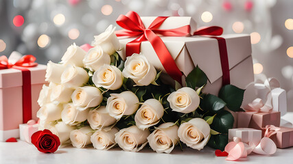luxury bouquet of white roses and gift boxes. holiday concept.	
