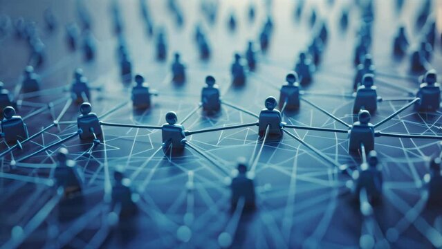 Miniature figures on a network of lines and nodes. Social networking and connection concept.