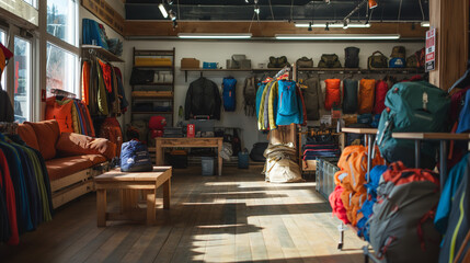 An outdoor adventure gear outlet, equipped with everything from camping to climbing gear, enthusiasts planning their next expedition, the store layout designed to let in ample sunl