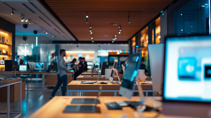 Fototapeta premium A tech gadget hub, showcasing the latest electronics, customers demoing products, the sleek, modern design of the store accentuated by strategic lighting, natural light, soft shado