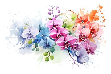 Obraz na płótnie Canvas Multicolored orchids in watercolor on white background.