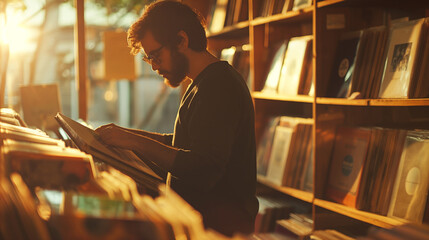 A vintage record store owner flipping through vinyl albums in front of a wall of records, their passion for music illuminated by the soft light filtering in, natural light, soft sh - obrazy, fototapety, plakaty