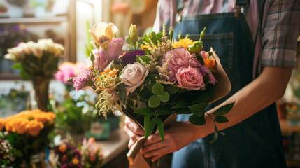 A florist wrapping a beautiful bouquet for a customer, the natural light from the shop's large...