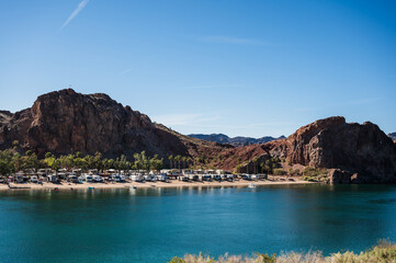 Campgrounds and resorts along the Colorado River below the Parker Dam.  California - Arizona border.