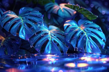 Fotobehang midnight rain on holographic tropical leaves © Belho Med