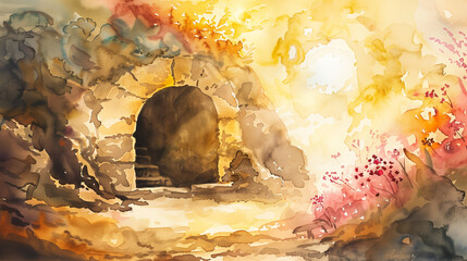 Easter Jesus Christ rose from the dead. Dawn. The empty tomb watercolor painting. Biblical Illustration - obrazy, fototapety, plakaty